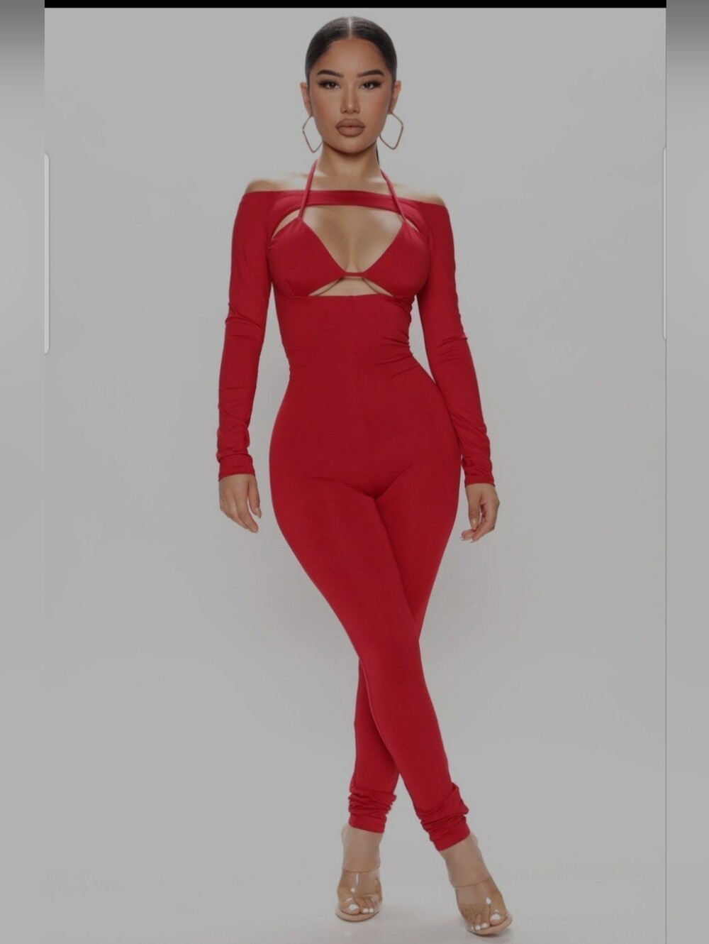 Fashion Nova Red Off-Shoulder Cutout Halter Jumpsuit